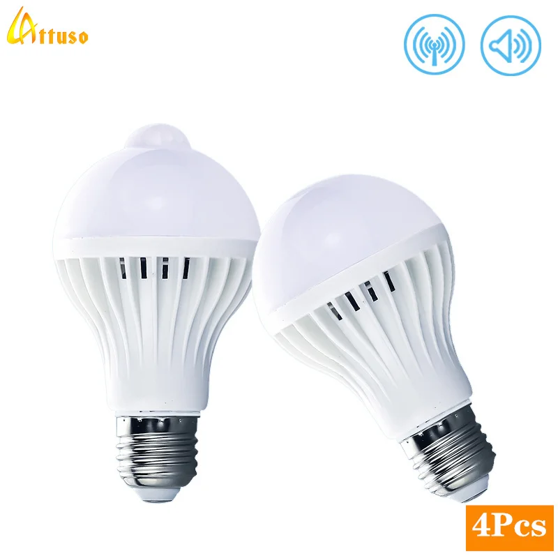 4pcs/lot LED Bulb Motion Sensor Lamp 220V 3W 5W 7W 9W 12W E27 Sound+Light Smart Led Infrared Body Lamp With Motion Sensor Lights