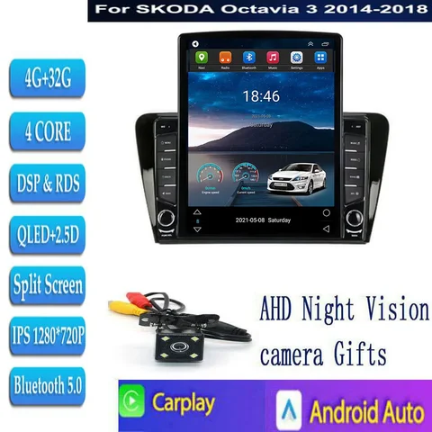 Tesla Style для Skoda Octavia 3 A7 2013-2018 Android 14 Carplay Auto 5G + WIFI GPS Автомобильный радиоприемник Навигация Мультимедийный видеоплеер
