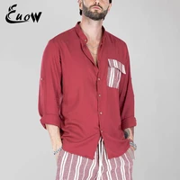 2022 men clothes new fashion summer contrast color stitching lapel casual mens cotton linen short sleeve shirt comfortable tops