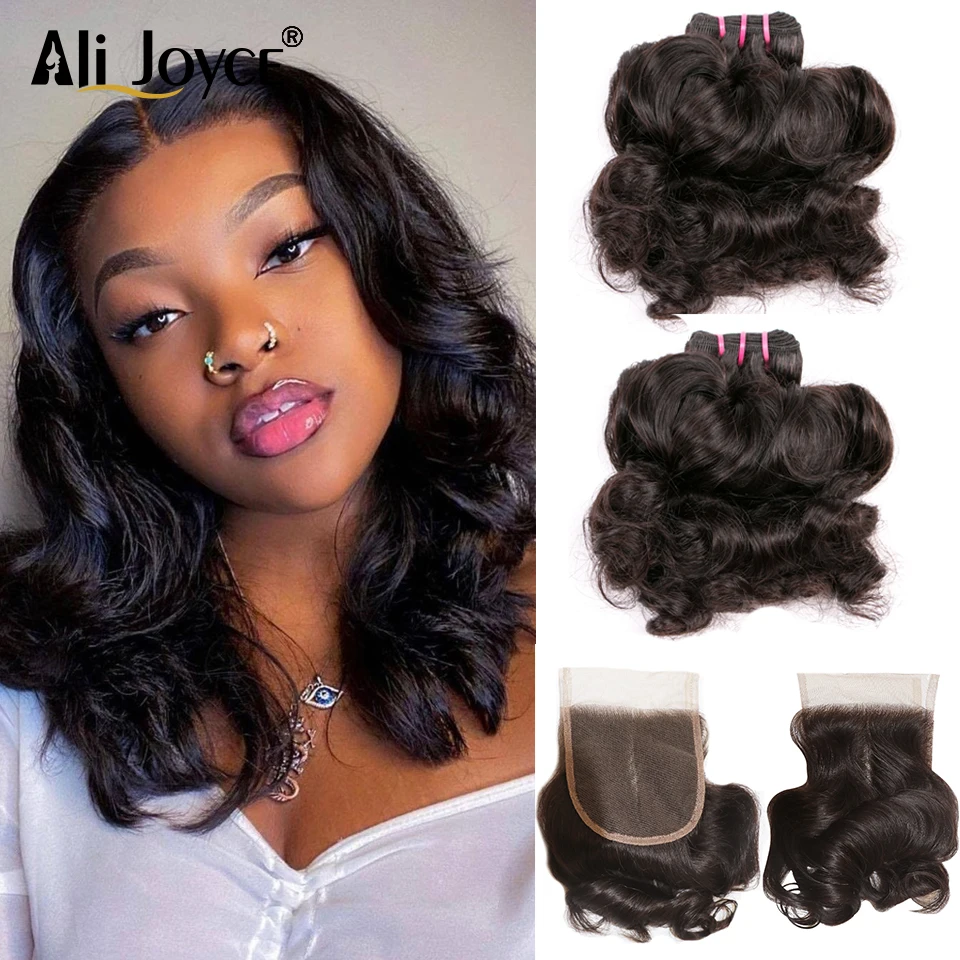 

Double Drawn Funmi Hair Bundles With Closure Bouncy curly hair bundles 4x4 Lace Closure Brazilian Remy Human Hair #1B Ali Joyce