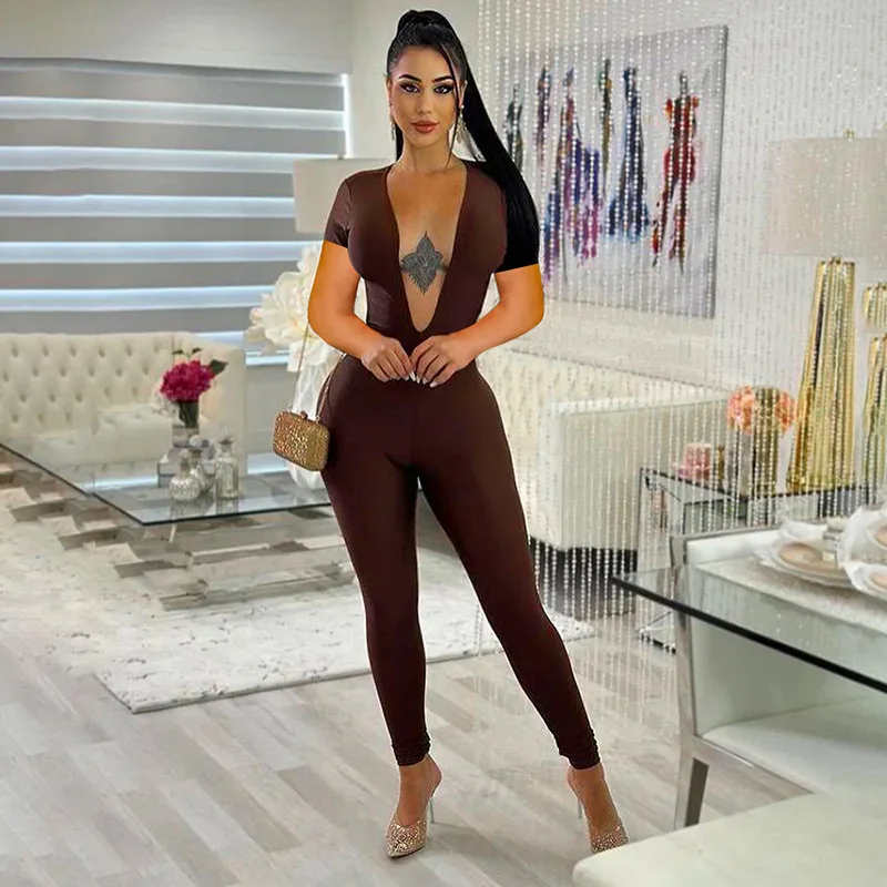 European And American Women's Clothing 2023 New Street Sexy Tight Deep V Backless Short Sleeved Jumpsuit