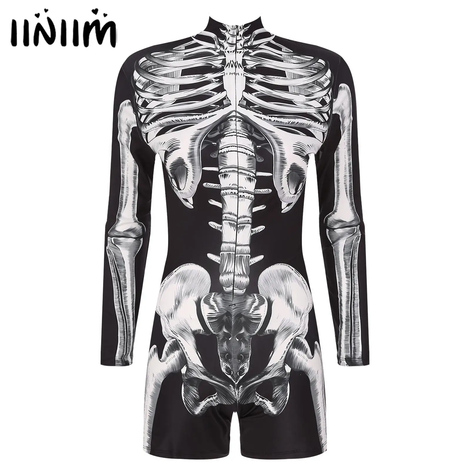 

Женский костюм на Хэллоуин, Забавный костюм кошки с принтом скелета, невидимая молния, с длинным рукавом и ложным воротником, короткий комби...