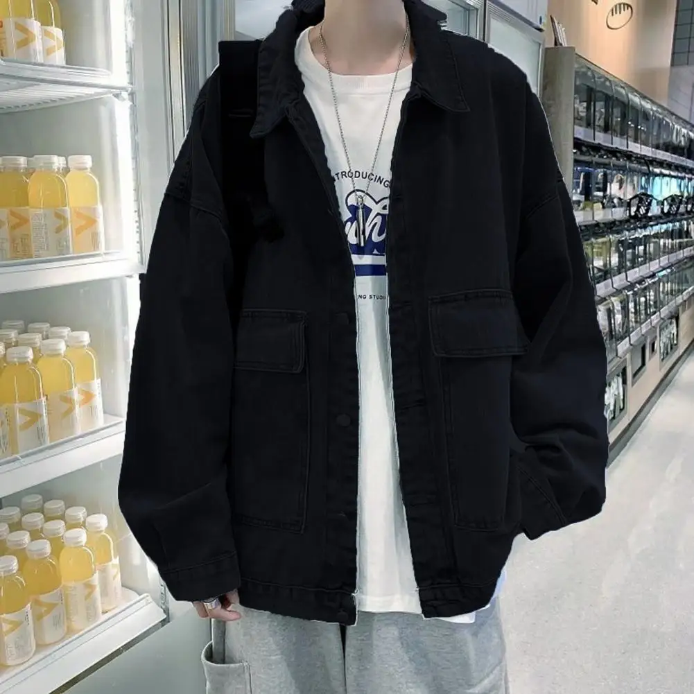 

Long Sleeve Pockets Single-breasted Denim Jackets for men Spring Autumn Solid Color Turn-down Collar Coat Male chaquetas hombre
