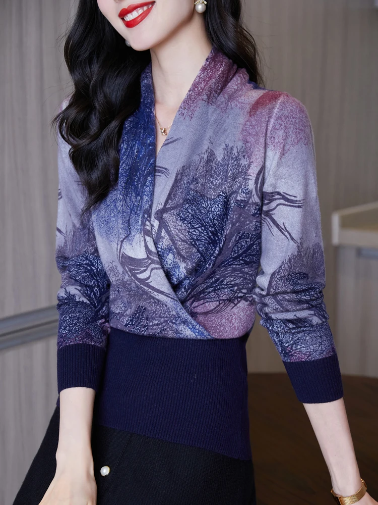 

Шерстяной свитер с принтом, топы, осенняя корейская мода, женская одежда, пуловер с длинным рукавом, вязаная одежда, женские свитера с V-образным вырезом