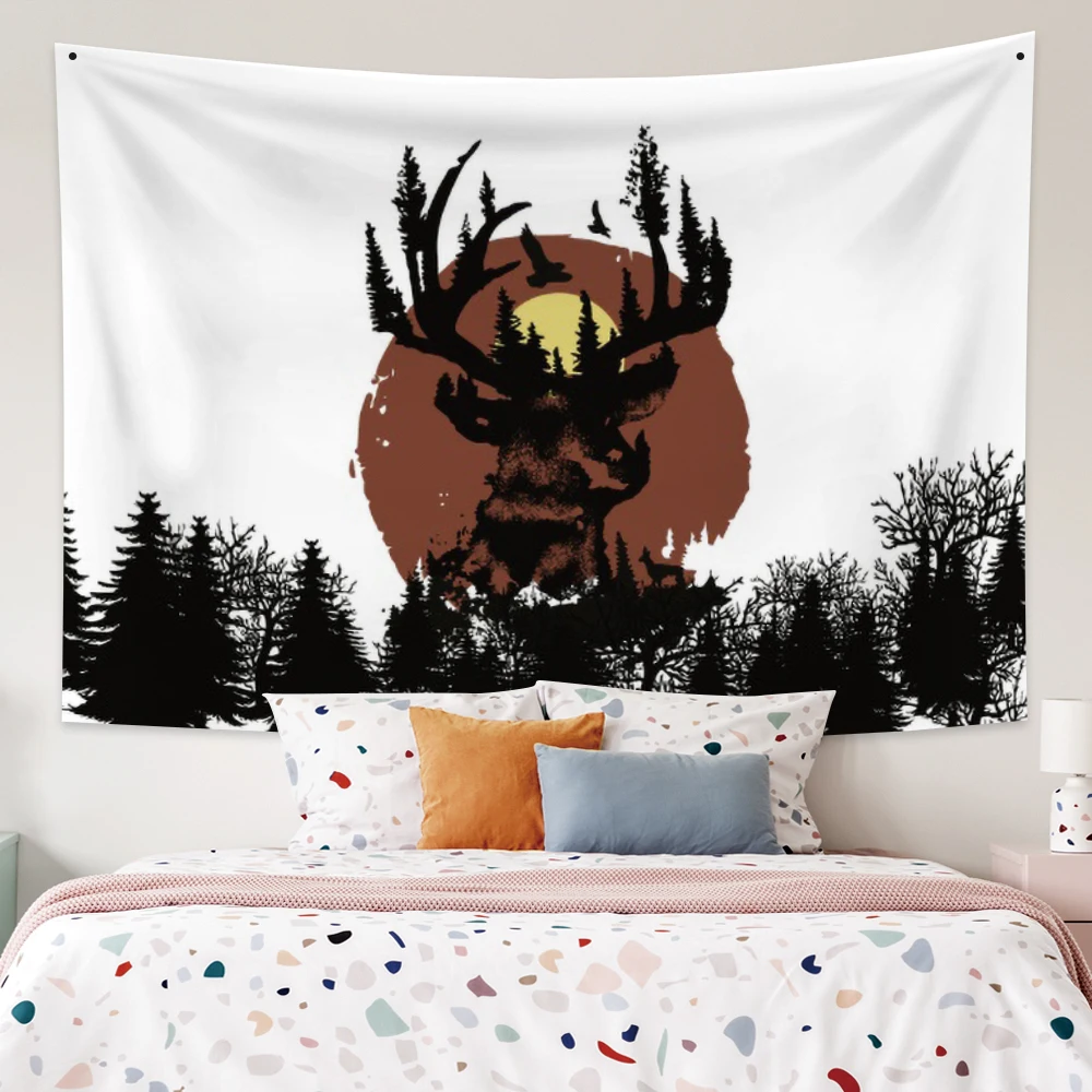 

Deer Pattern Forest Trees Tapestry Aesthetic Room Decor Minimalist Wall Hanging Spray Paint Beach Towel Mandala Wall