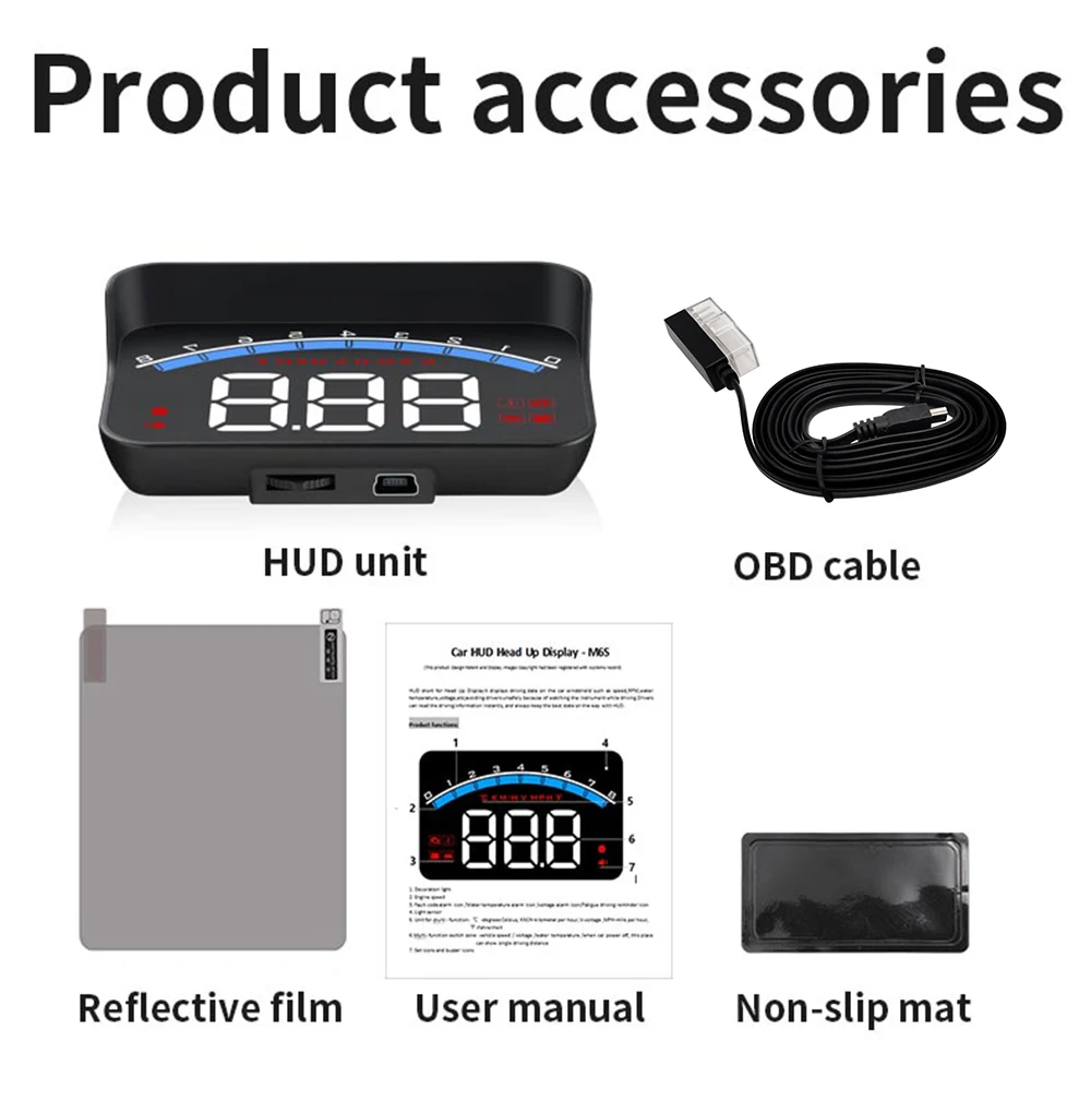 

Проекционный Дисплей HUD M6S OBD2 Для Автомобиля: Скорость (км/ч, Миль/ч), Сигнализация Превышения Скорости, Температура Воды