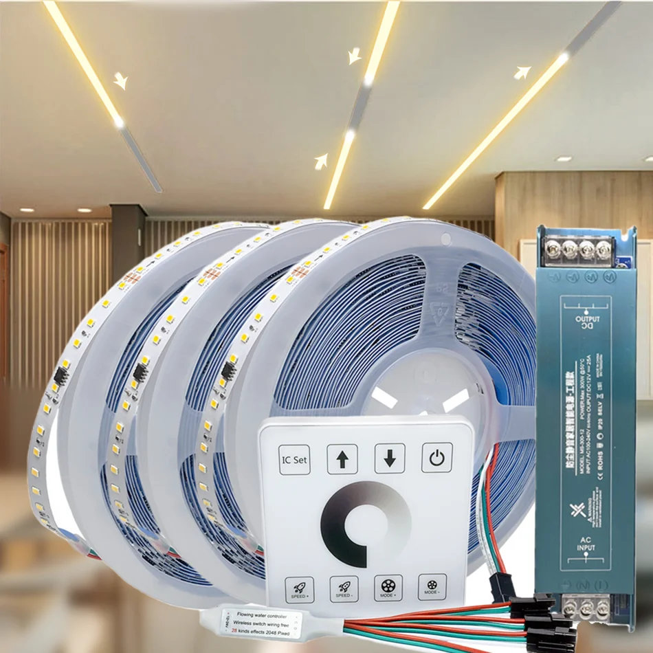 

WS2811 Running Water Flowing LED Strip Light DC24V 10M 20M 30M 40M Horse Race Chasing Tape Wireless Touch Panel Controller Set
