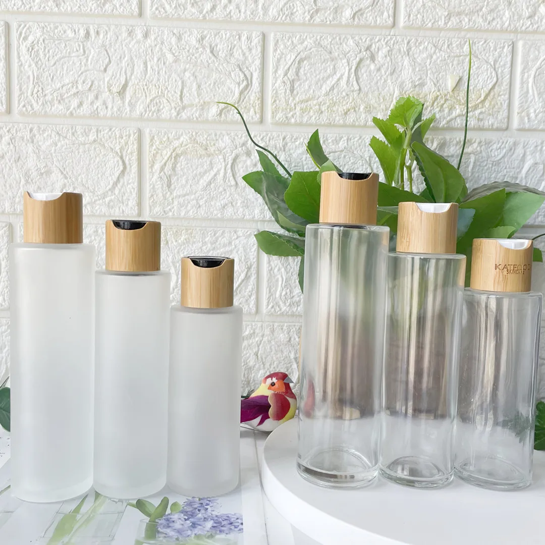 

100/120/150 мл матовое прозрачное стекло многоразовый лосьон мыльные бутылки для путешествий с бамбуковой крышкой косметические Элитные контейнеры