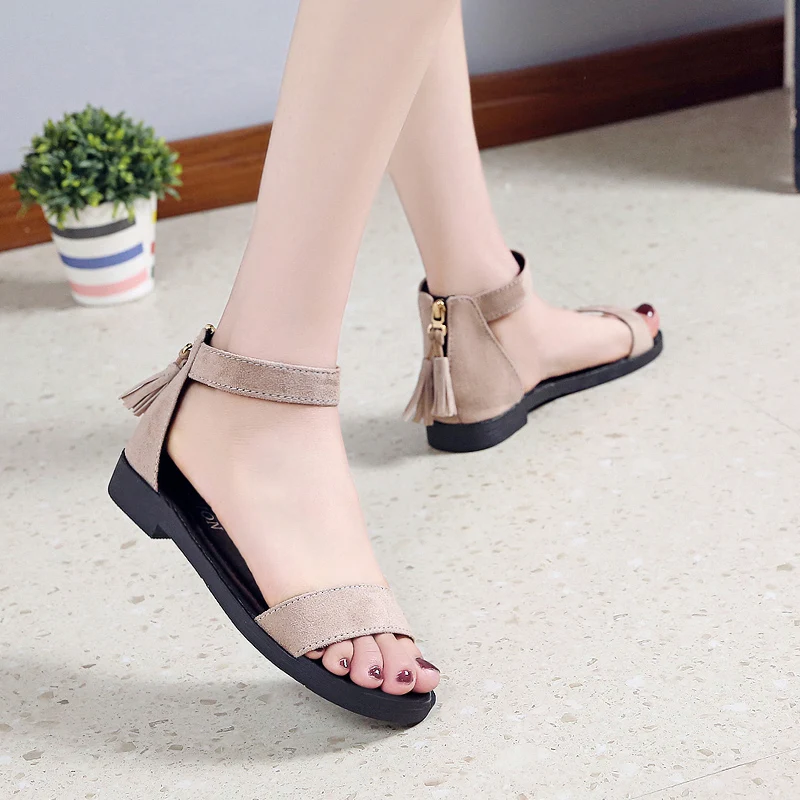 

Clear Heels Open Toe Low Sandals Woman Leather Suit Female Beige 2022 Summer Tassel Buckle Strap Velvet Shoes All-Match Soft Pee