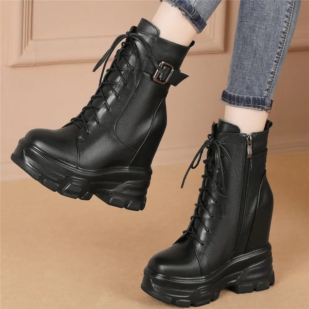 Platform Pumps Women Lace Up Genuine Leather Height Increasing Ankle Boots Female Winter High Top Fashion Sneakers Casual Shoes