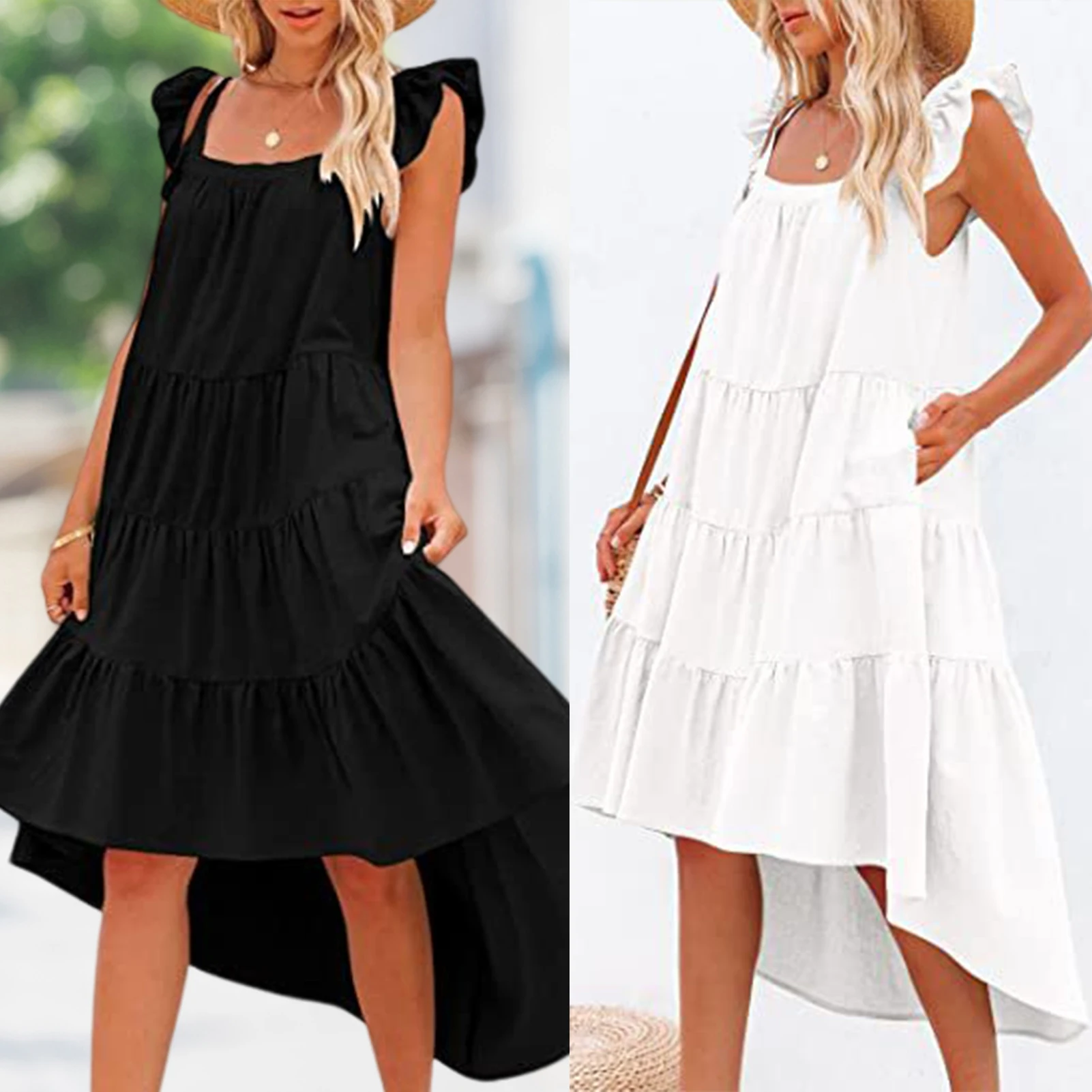 

Ladies Ruffle Maxi Dress Square Neck Cotton Backless Long Dress Sleeveless Solid Color Young Girl Style Holidays Vacation