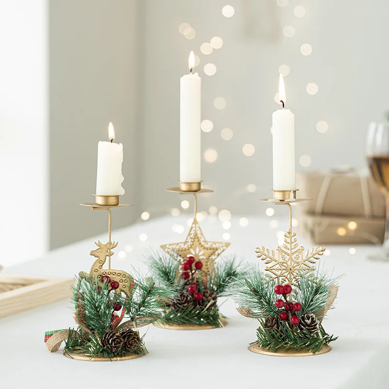 Christmas Gold Snowflake Star Candlestick Red Berries Pine Leaf Iron Candle Holders Gift Desktop Ornaments Xmas Eve Decorations