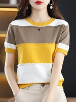 knitted tops for women striped sweater 2022 summer thin hollow out o neck short sleeve pullover casual woman clothes sweaters