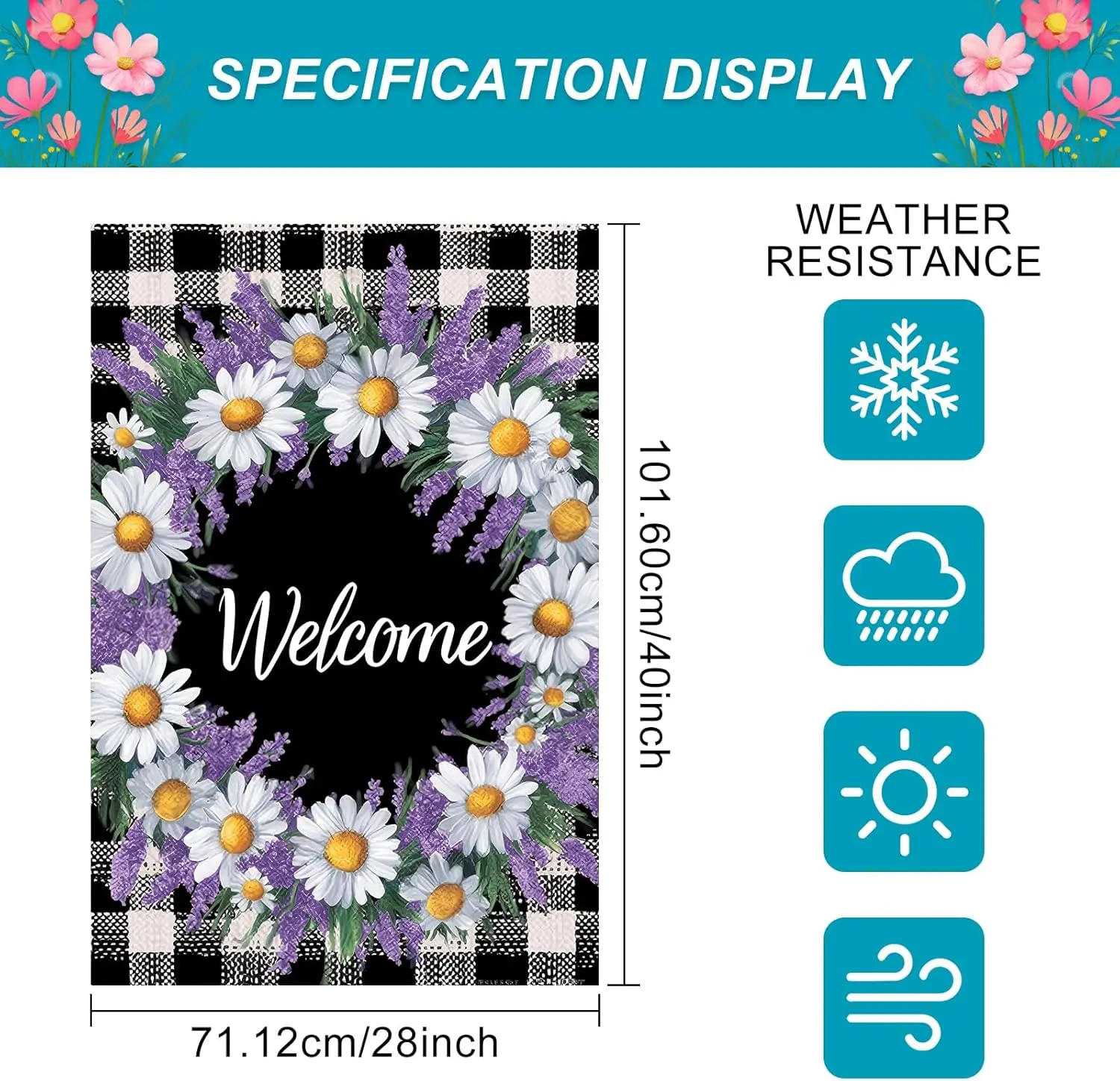 Фото Флаг для дома Lavender Daisy, 28 x 40 дюймов, двусторонний садовый флаг с клетчатым узором «Буффало» и текстом «Добро пожаловать» для весны и лета, для улицы, PPM №3