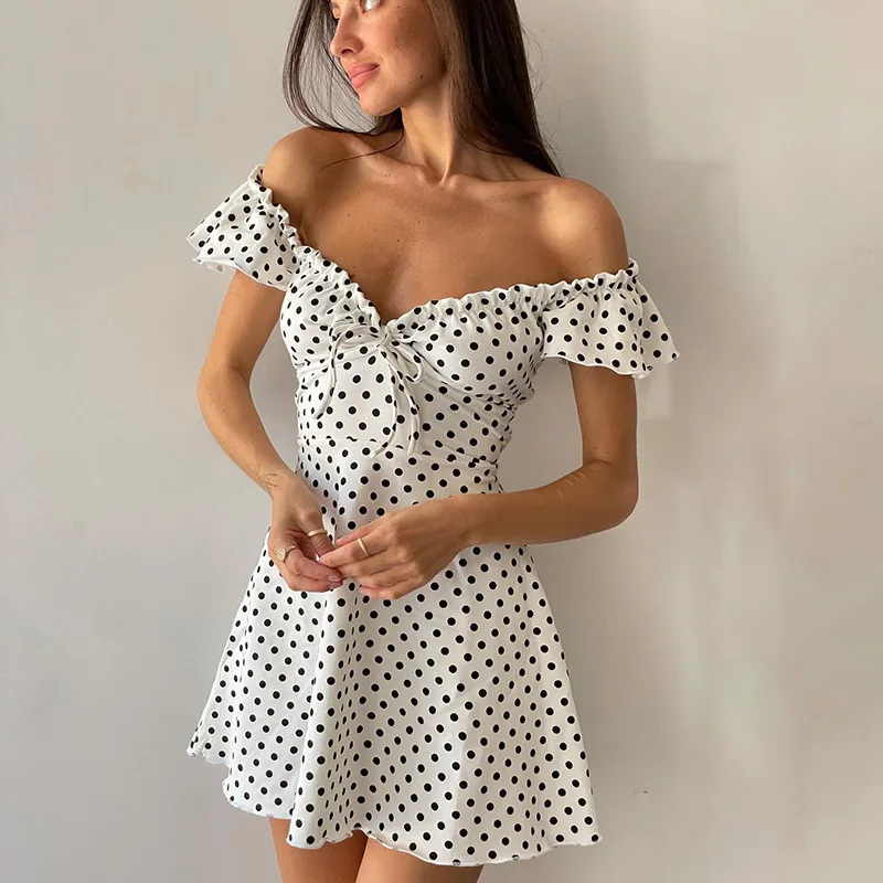 

Летнее платье в горошек Wepbel 2022, летнее милое летнее платье с рукавом Y2K, женское приталенное платье с воротником-лодочкой и открытыми плечам...