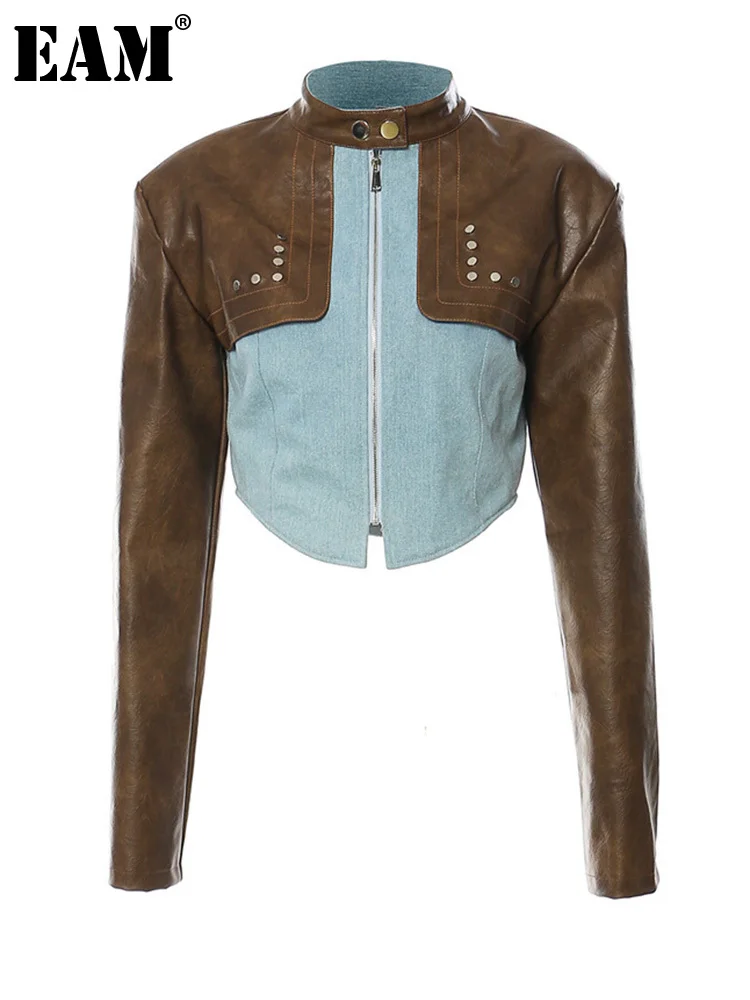 

[EAM] Loose Fit Leather Color-block Denim Blue Jacket New Stand Collar Long Sleeve Women Coat Fashion Spring Autumn 2023 1DF0702