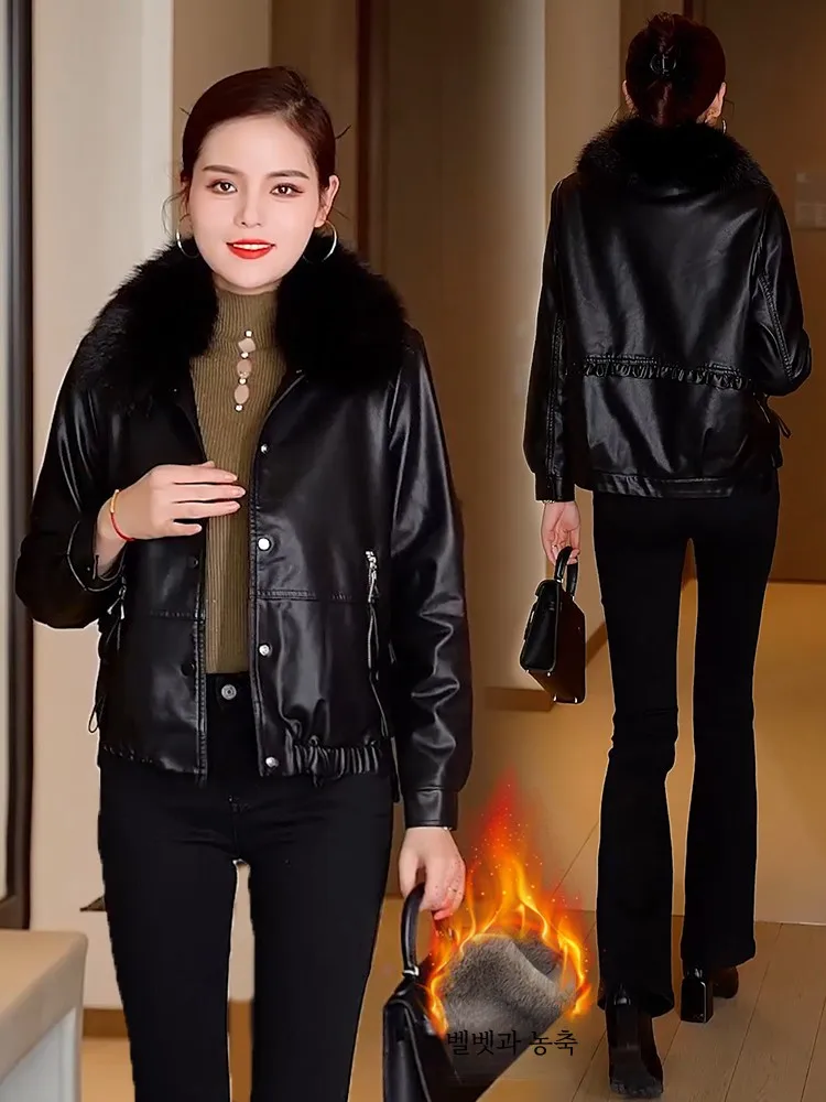 Толстое короткое кожаное пальто на флисовой подкладке верхняя одежда женская