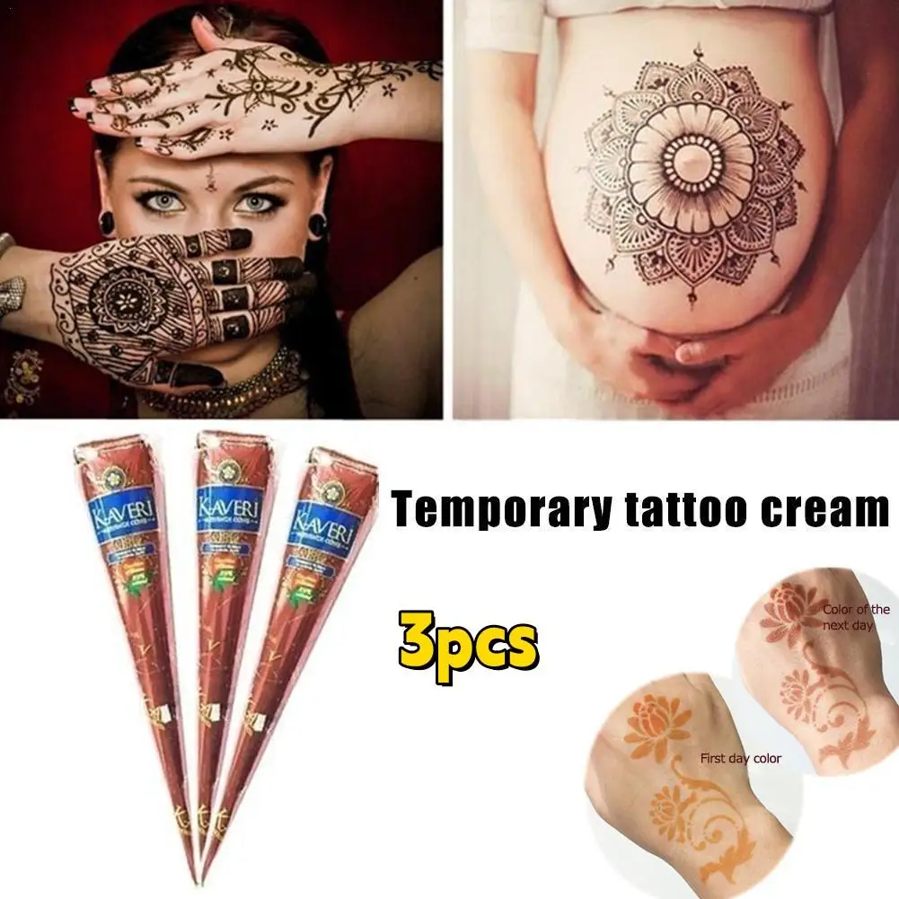 

3pcs Natural Indian Mehndi Henna Paste Cone Women Makeup Finger Feet Body Cream Cone Temporary Drawing For Tattoo Stencil