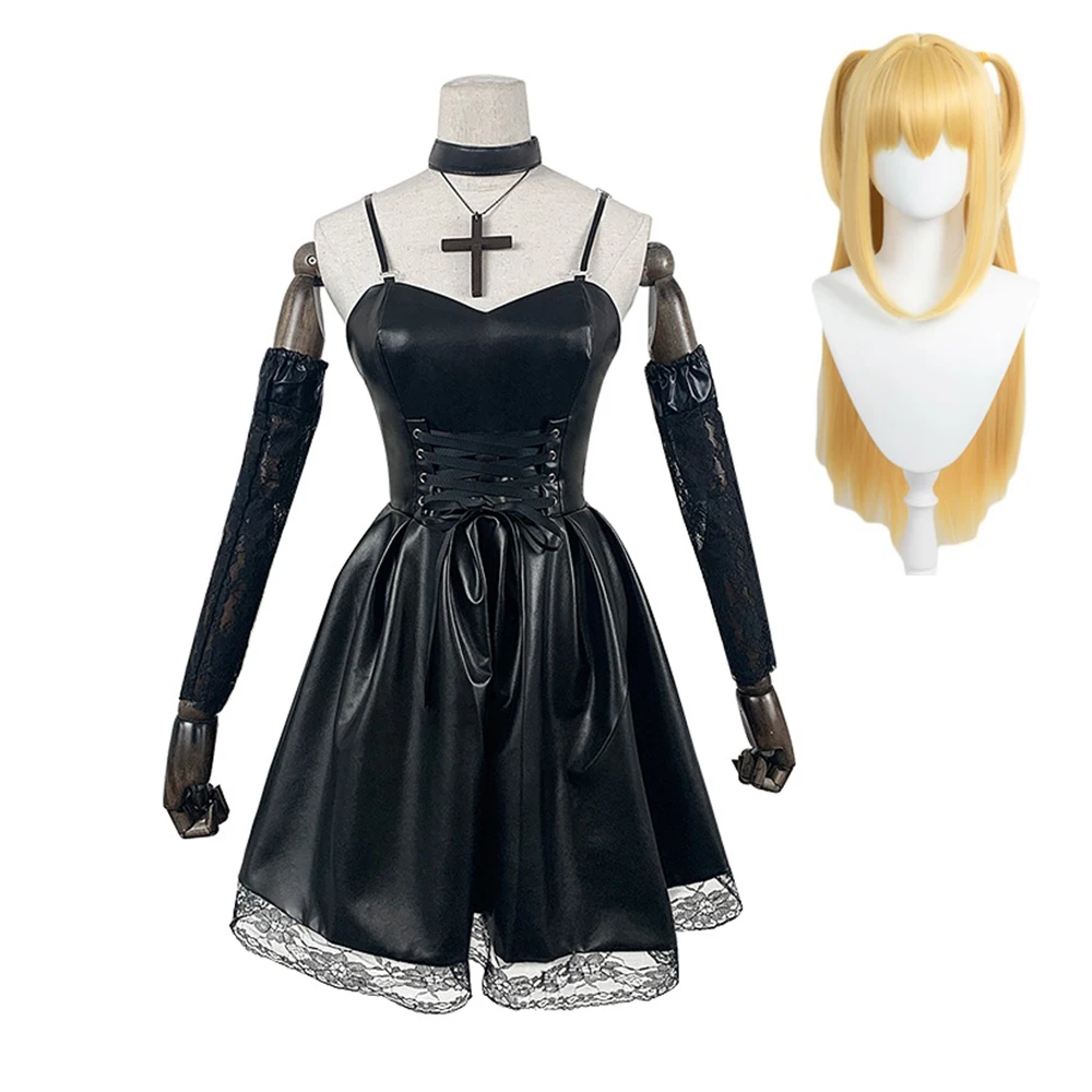 Anime Death Note Cosplay Costume Misa Amane Imitation Leather Sexy Dress+gloves+stockings+necklace Uniform Outfit Roal Play Wig