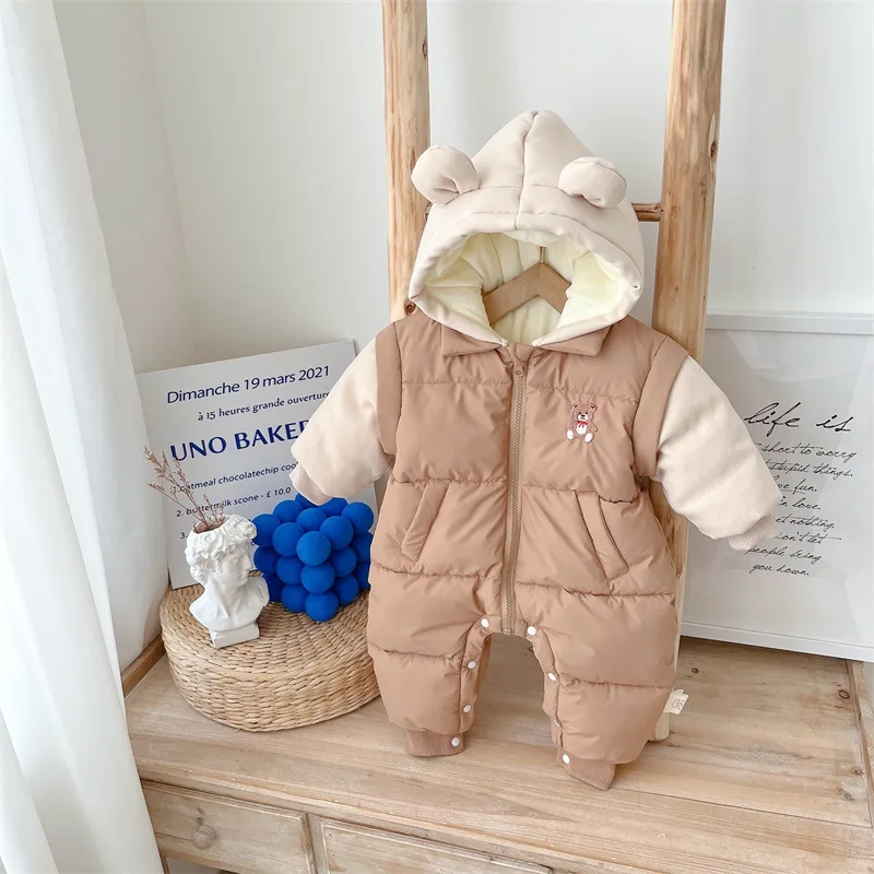 

Baby Winter Clothes Newborn Boy Baby Jumpsuit Plus Velvet Thick Hooded Romper Toddler Boy Outfits Free Shipping Infants Onesie