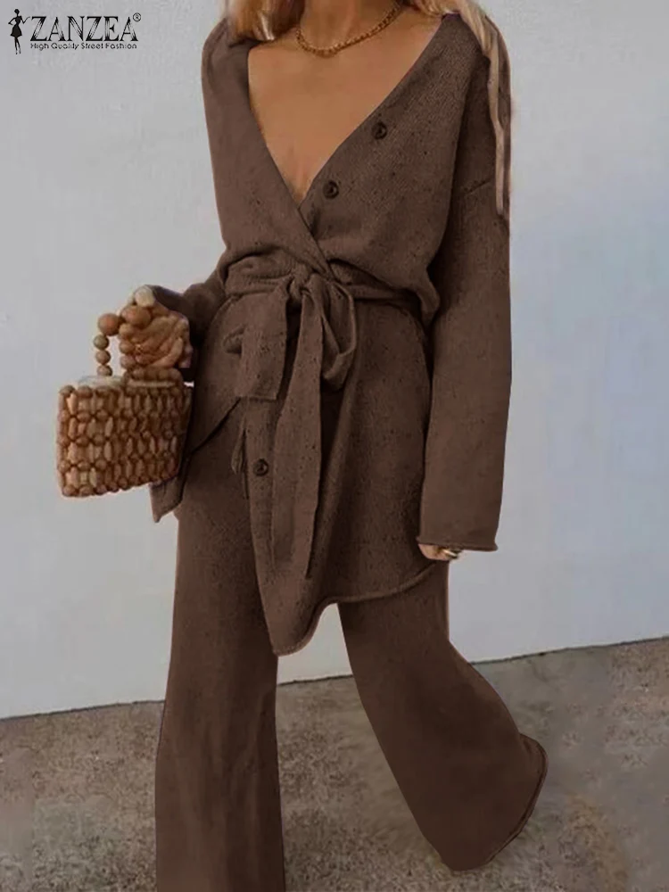 

ZANZEA Women Elegant Loose Matching Sets Urban Tracksuit Spring V Neck Long Sleeve Blouse Suits Fashion Wide Leg Pants Sets 2PCS