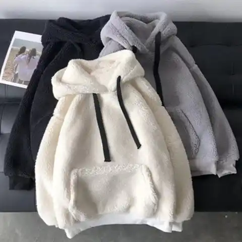 Women Winter Hoodie Solid Color Hooded Long Sleeves Drawstring Patch Pocket Keep Warm Plush Pullover Casual Autumn Hoodie for Da