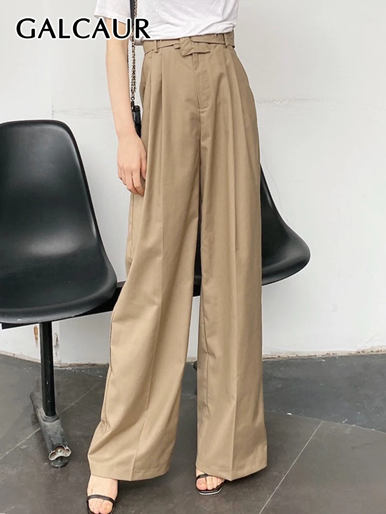 GALCAUR Patchwork Belt Long Trousers For Women High Waist Solid Ruched Wide Leg Pant Female Autumn Clothing Fashion Casual 2022
