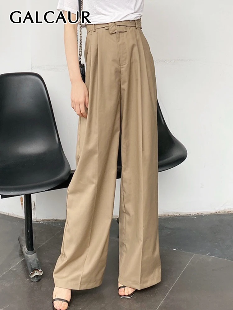 

GALCAUR Patchwork Belt Long Trousers For Women High Waist Solid Ruched Wide Leg Pant Female Autumn Clothing Fashion Casual 2022