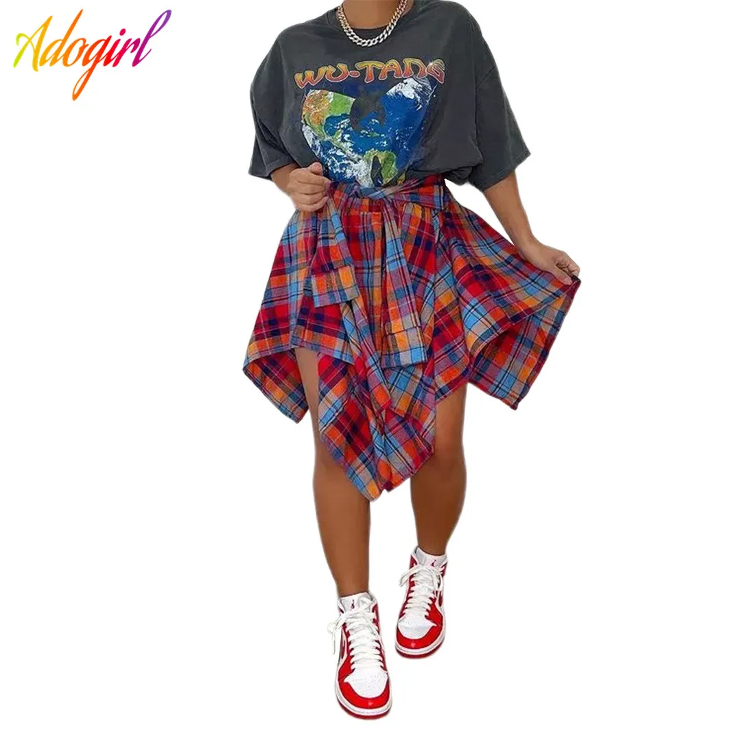 

Adogirl Fashion Blouse Print Irregular Mini Skirt Elastics Waist Streetwear Matching Bottoms Casual Outdoor Summer Female Outfit