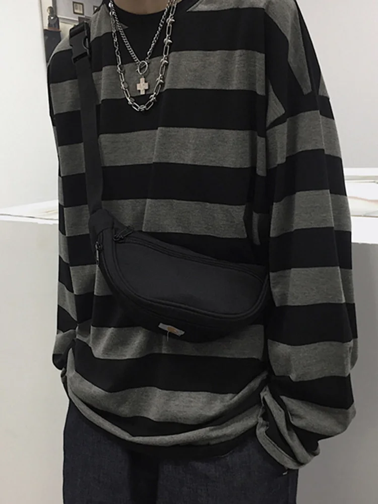 

Футболка женская/Мужская в полоску, оверсайз рубашка с длинным рукавом и круглым вырезом, модный топ в Корейском стиле для пар, Повседневная Уличная одежда, в стиле Харадзюку, весна-лето