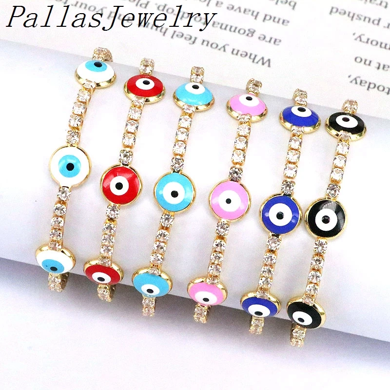 

6Pcs New Trend Adjustable Cubic Zircon Tennis Chain Bracelet Jewelry,Colorful Enamel Eyes Link Amulet Bracelet For Girl Women