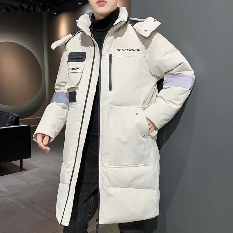 

ANSZKTN Men trend big pocked wadded long overcoat reflective stripe winter warm coat men knee-length white duck down jacket
