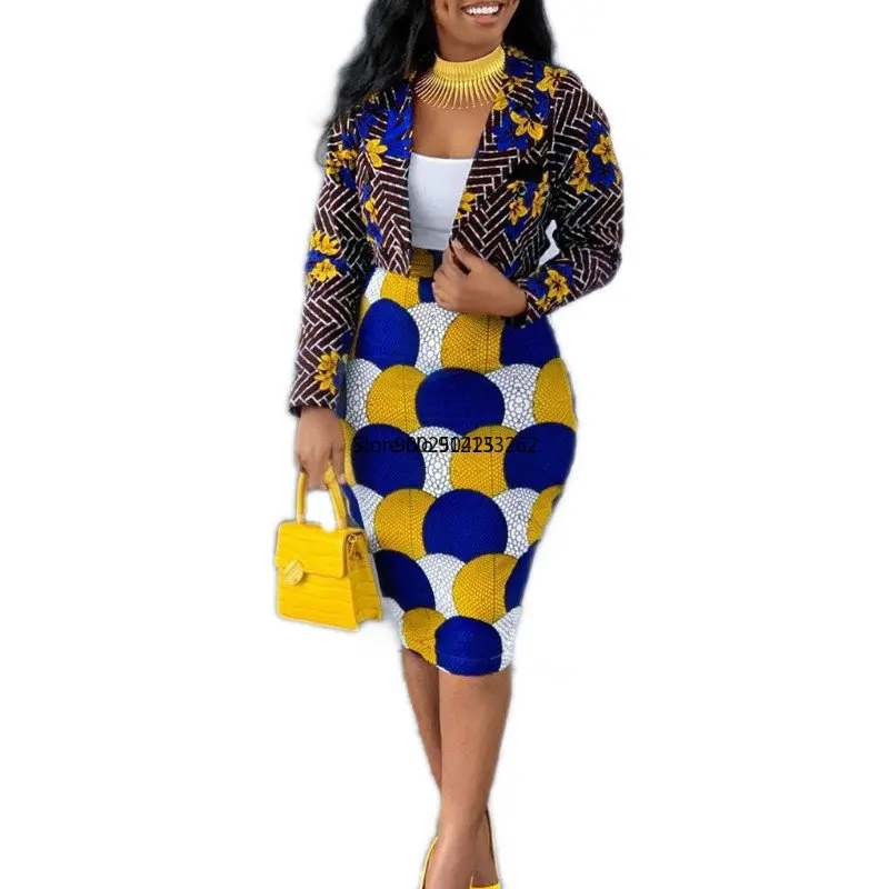 

Новое поступление 2023, сексуальные африканские женские костюмы из полиэстера с принтом, пальто и юбка