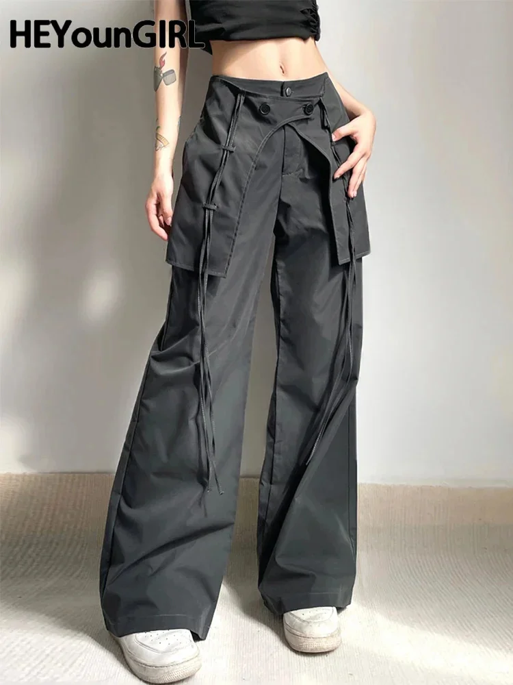 

Брюки-карго составного кроя с ленточным подолом, низкая талия, серые, хиппи, танцор, широкие штаны, Y2K, гранж, свободные брюки, корейский стиль, повседневные