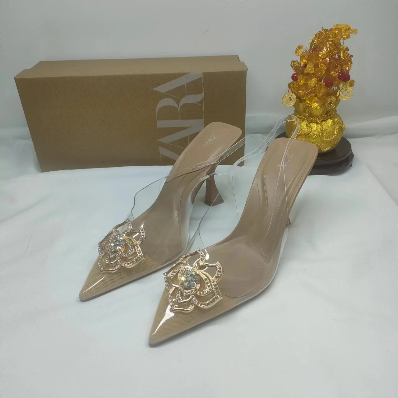

2023 Summer New Women's Shoes PVC Rhinestone Pointed Toe High Heel Sandals Colorful Diamond Flower Transparent High Heels