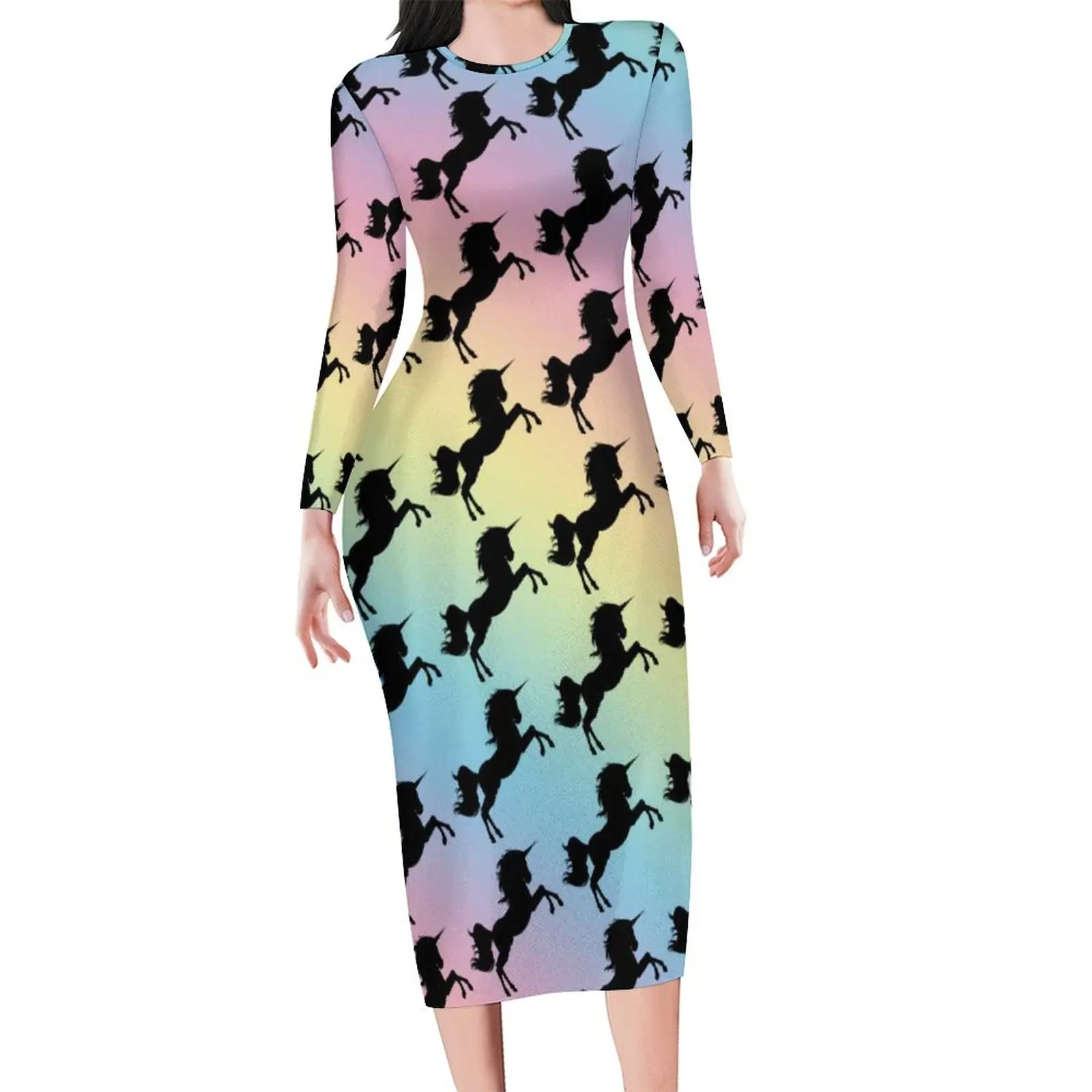 

Black Unicorn Silhouette Dress Long Sleeve Pastel Rainbow Print Kawaii Dresses Holiday Aesthetic Custom Bodycon Dress 4XL 5XL