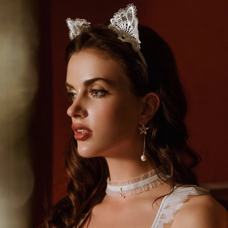 

Black White Red Lace Headband For Women Uniform Cosplay Costume Rabbit Cat Ears Dance Party Hairbands Sexy Lady Hair Accessories