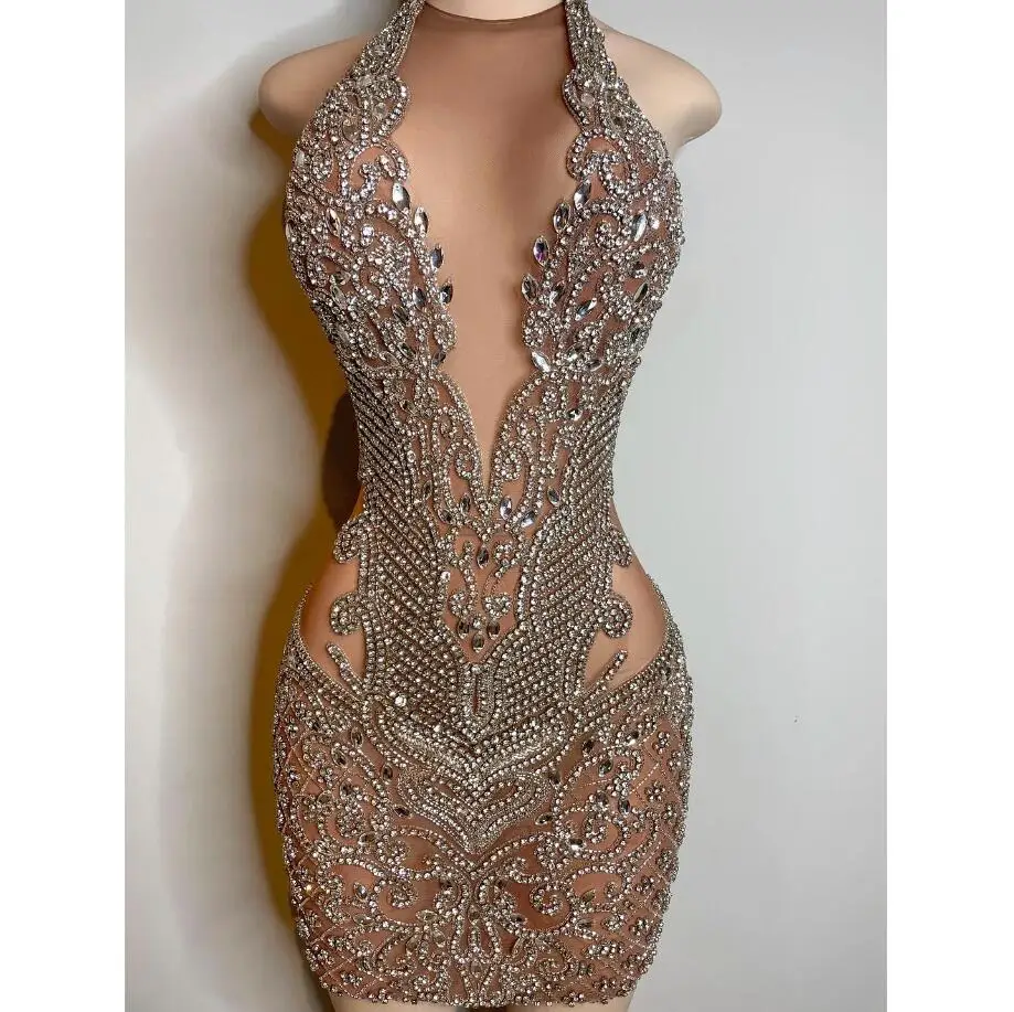 

Silver Gold Crystal Short Prom Party Dresses Sheer Mesh Sparkly Beaded Black Girl Mini Birthday Occasion Gown فساتين للحفلات الر