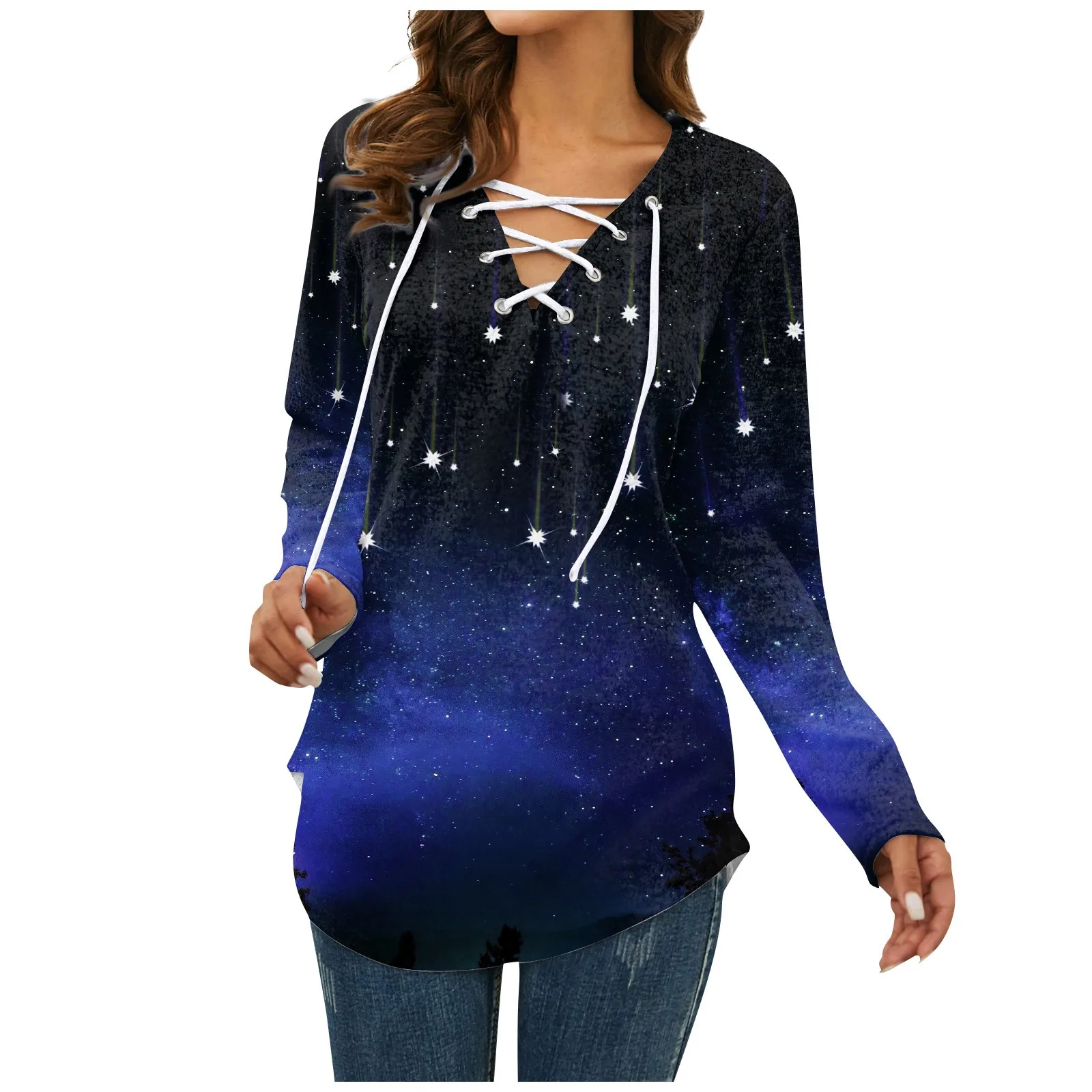 

Ladies Casual Long Sleeve T Shirt Fashion Star Sky Print V-neck Tie Blouse Women Autumn Winter Casual Top Streetwear Female