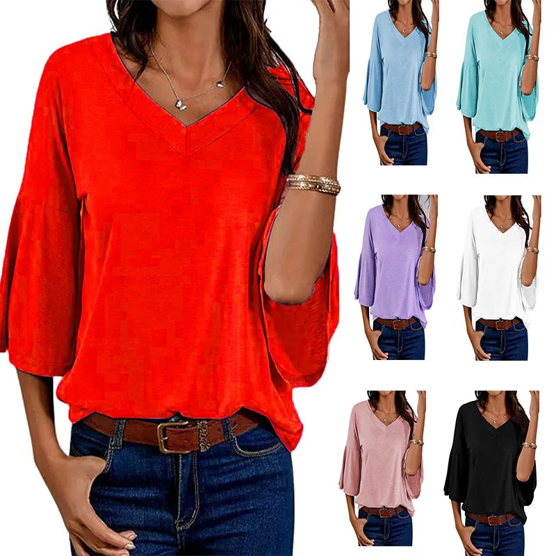 

Fashion Women Spring Autumn Solid Color V Neck T-Shirt Ladies Half Flared Sleeves Loose T-Shirt Tops Casual Street Clothing