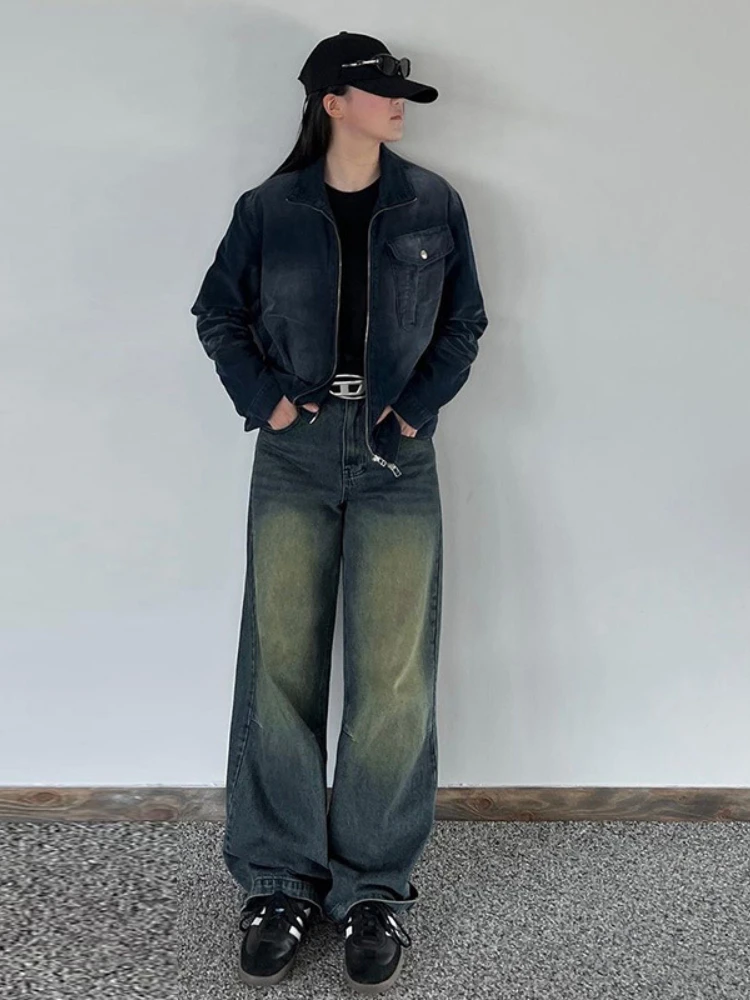 Vintage Gradient Flared Jeans Washed High Waisted Baggy Pants 2023 Korean Fashion Streetwear Wide Leg Long Denim Trousers y2k