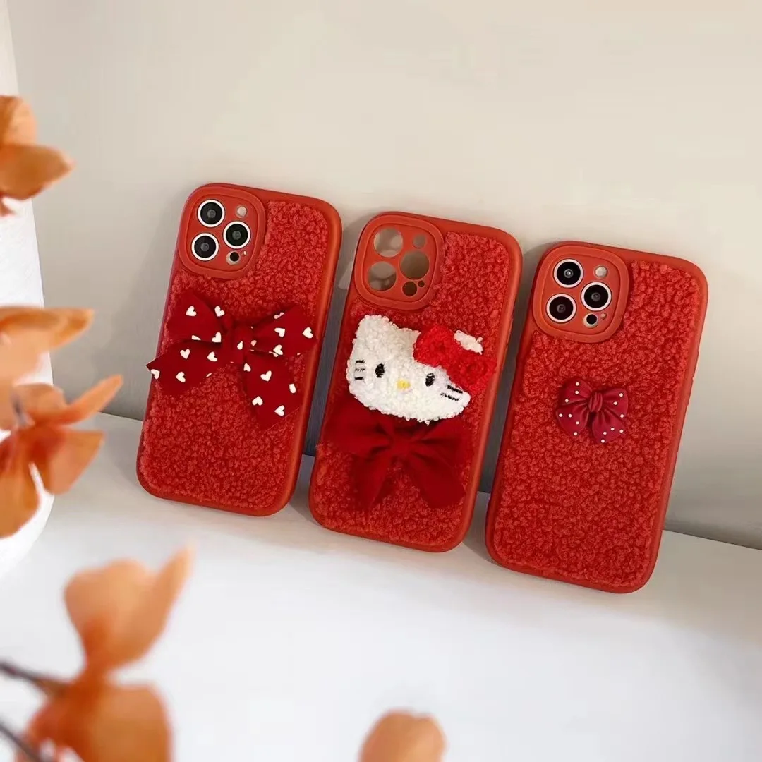 

Sanrio Red Ribbon 3D Plush Hello Kitty Phone Cases For iPhone 14 13 12 11 Pro Max X XR XS MAX Back Cover