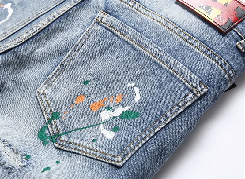 Men's Colorful Graffiti Printed Jeans Y2K Colorful Slim Fit Tapered Elastic Casual Pants Fashion Street Clothing Small Foot Pant