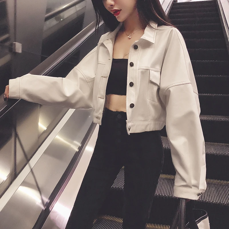 Casual Short Leather Jacket Women Short PU Loose Biker Jacket Female white Spring Outerwear Korean Streetwear Moto Coat Tops