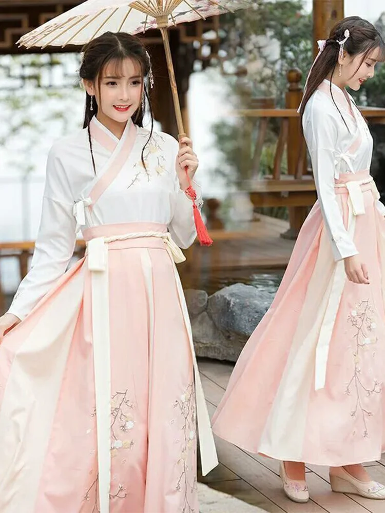 

New Hanfu Female Costume Adult Student Ming Made Chinese Style Improved Waist-length Sarong Daily Collar Suit Powder Fashion