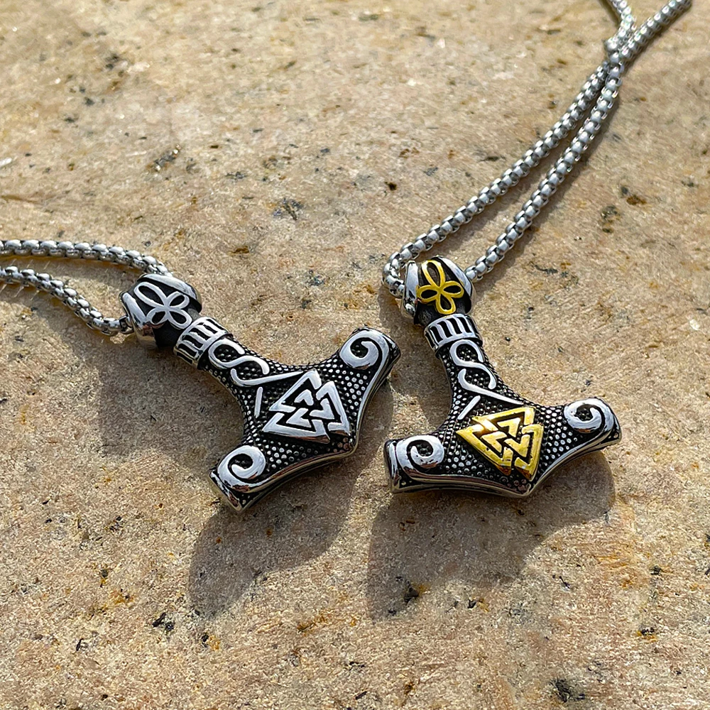 

Vintage Viking Thor Hammer Pendant Necklace Stainless Steel Viking Necklace Men Norse Valknut Necklace Amulet Jewelry Wholesale
