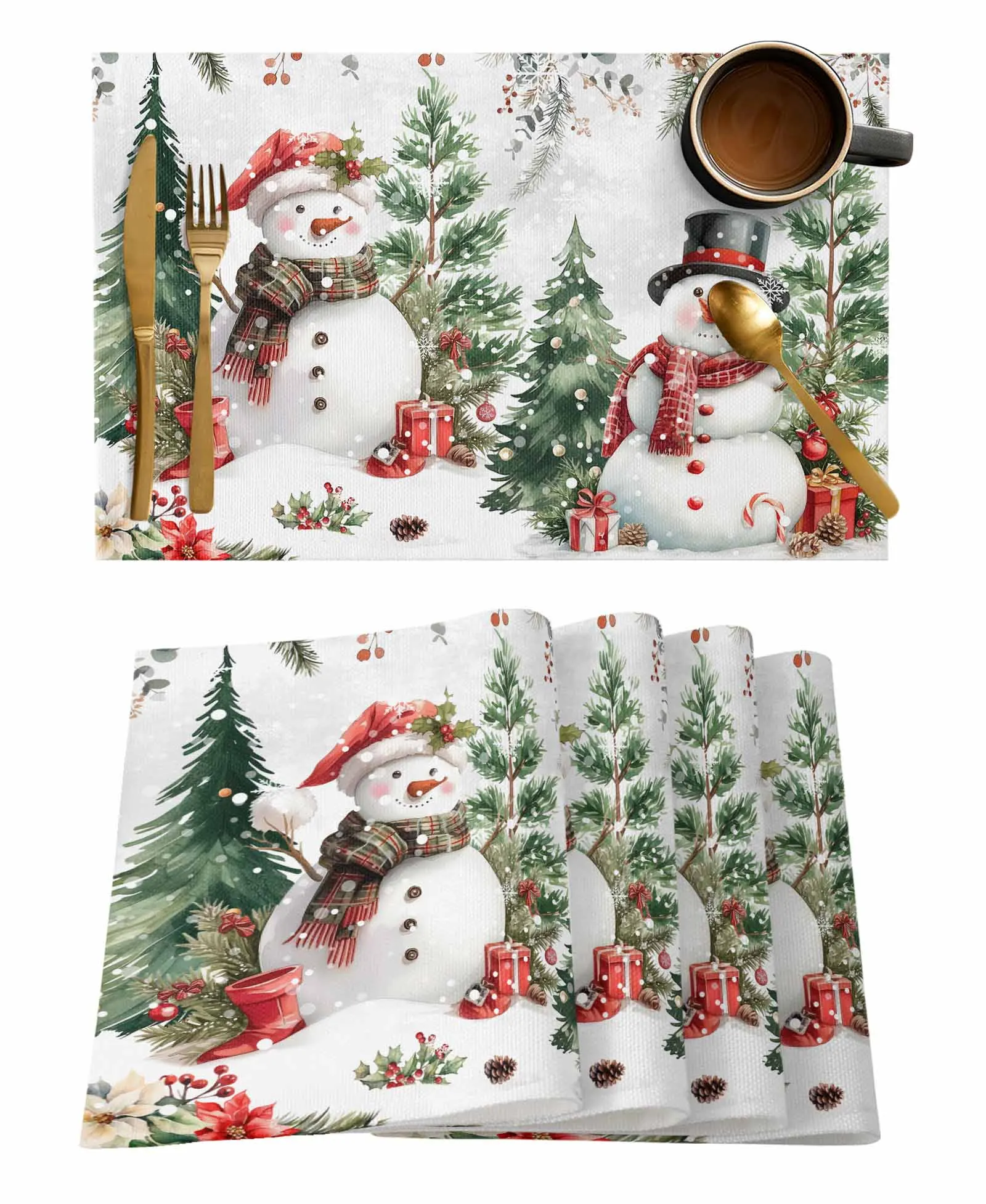4 шт. рождественские сосновые листья ягоды фундук снеговик салфетки льняные