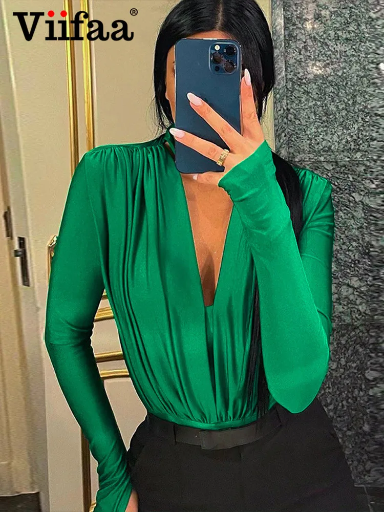 

Боди женское облегающее Плиссированное с длинным рукавом и V-образным вырезом