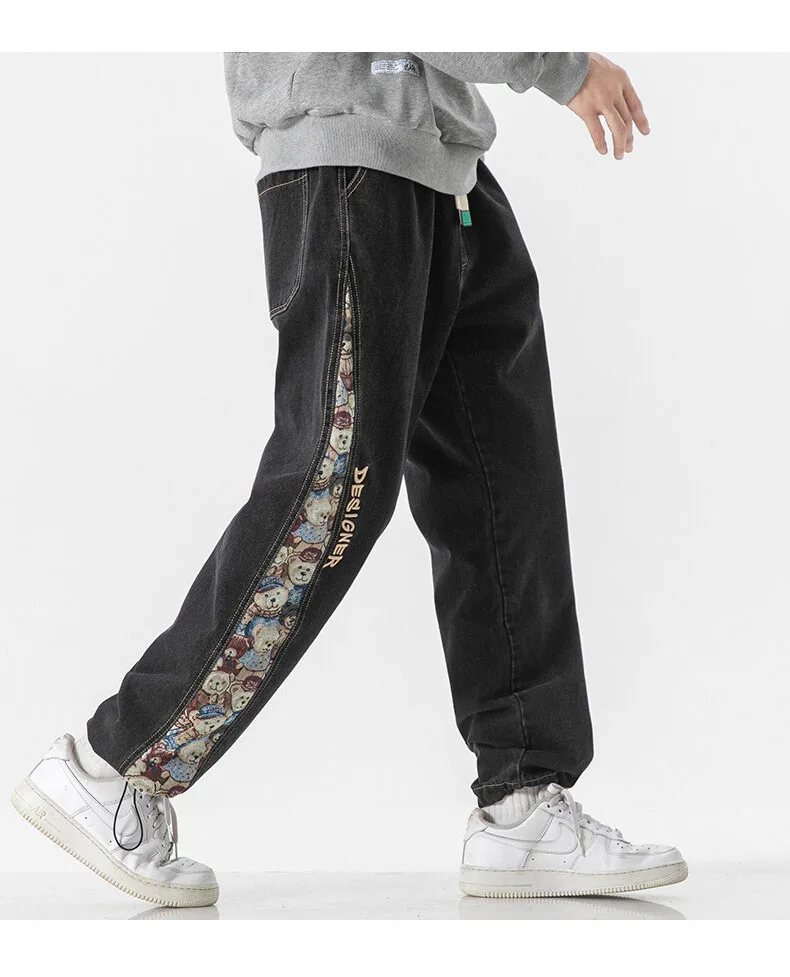 Asian size 2023 Spring New Men's Vintage Casual Pants Fashion Streetwear trousers Loose Straight Leg Strappy Jeans Elastic waist