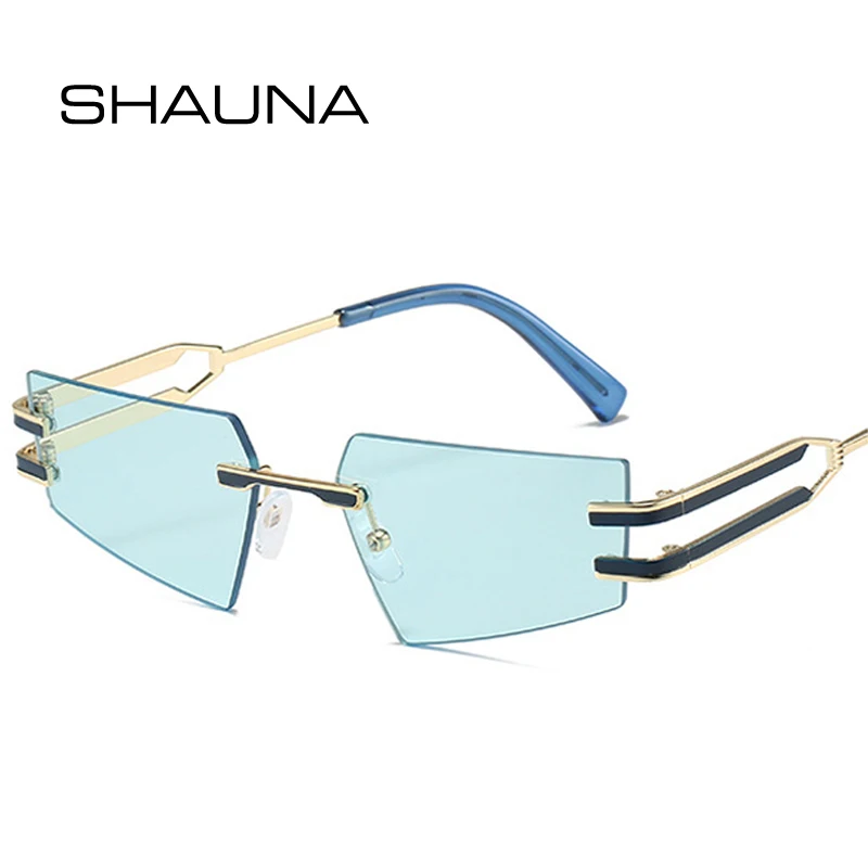 

Женские и мужские темные очки без оправы SHAUNA, трендовые солнцезащитные очки кошачий глаз в стиле ретро с прозрачными зеркальными линзами, UV400